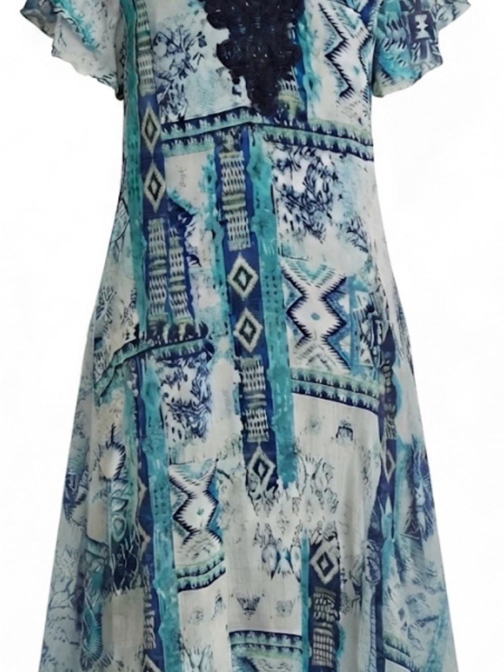 Reba Teal and Navy Aztec Print Flutter Sleeve Dress